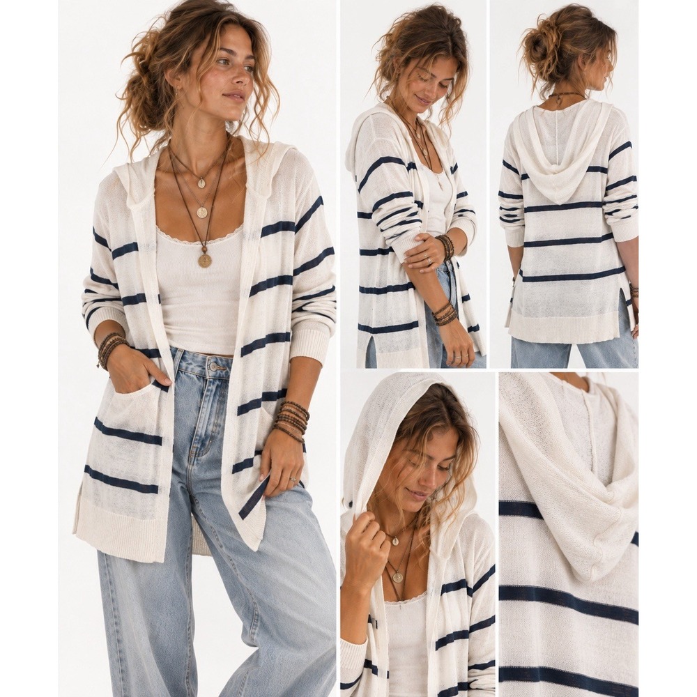 Cynthia Rowley Long Linen Cardigan 2XL Navy Striped Hood Boho Minimalist Office